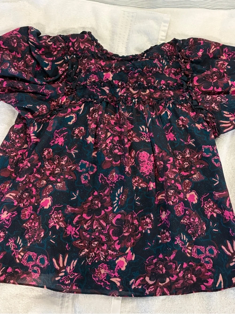 Ulla Johnson Navy and Pink Floral Puff-Sleeve Smocked Blouse